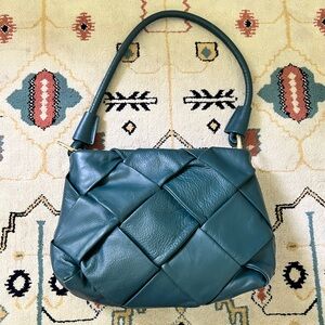 Valentina Fiore Forest Green Woven Genuine Leather Handbag